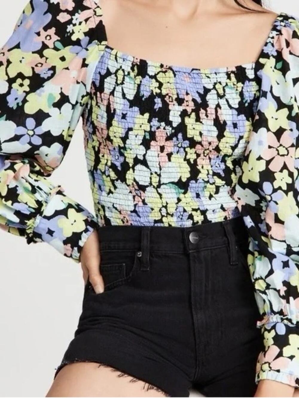 Free People Ariana Floral Puff Sleeve Blouse Size S